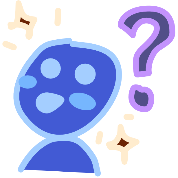a blue figure with wide circular eyes and a round smiling mouth has its head turned slightly to the left and looking up, there are some sparkles around its head and a purple question mark to its right. The image has light line art.
